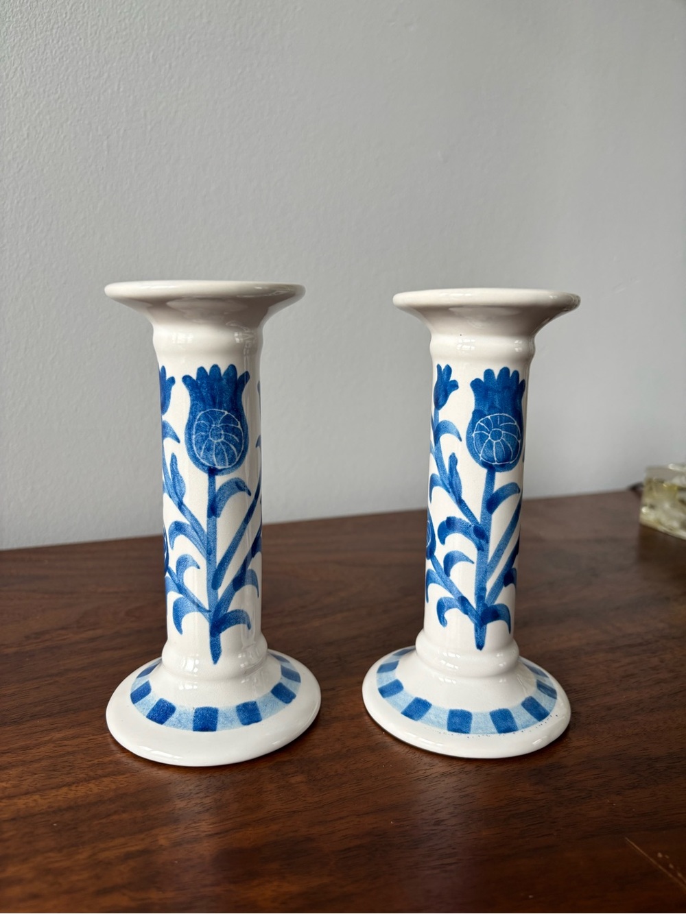 Antique Colonial Inspired Hand-painted Ceramic Candlestick Holder Pair